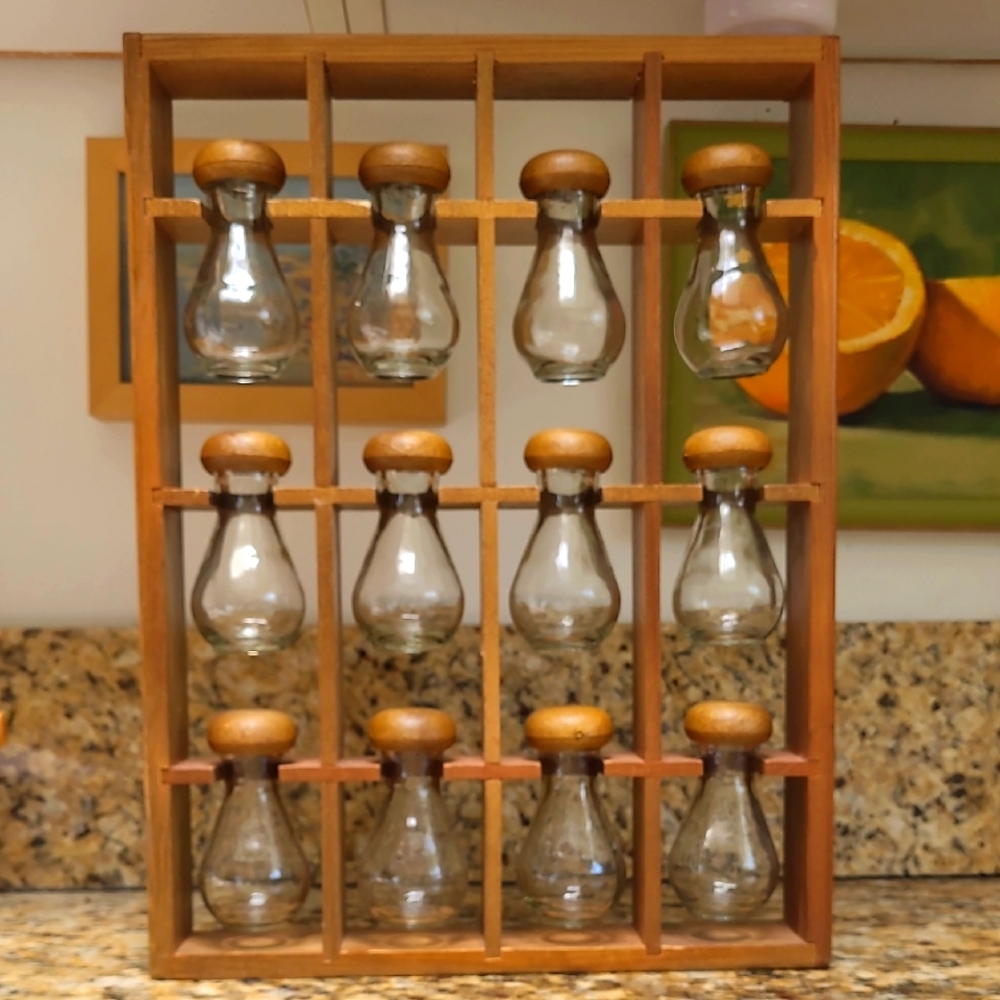 1960s MCM 12 Bottle Wooden Hanging  Spice Rack